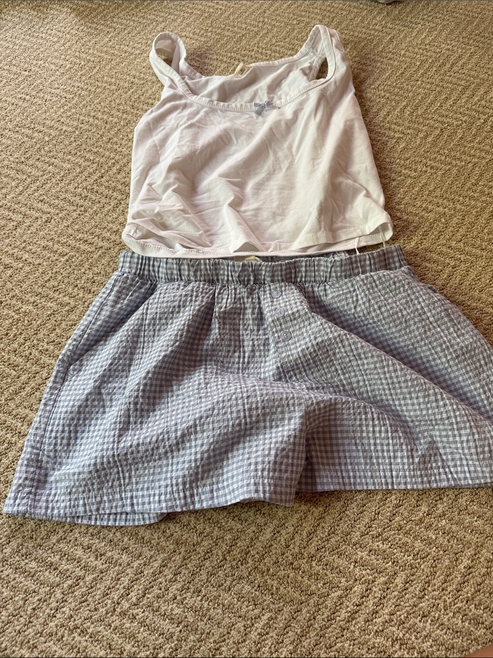 White Cotton Tank Top and Blue Seersucker Sleep Skirt Set